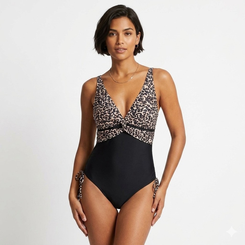 Leopard Print Swimsuit One Piece Twist Front Colorblock Size XL  NEW Deep VNeck